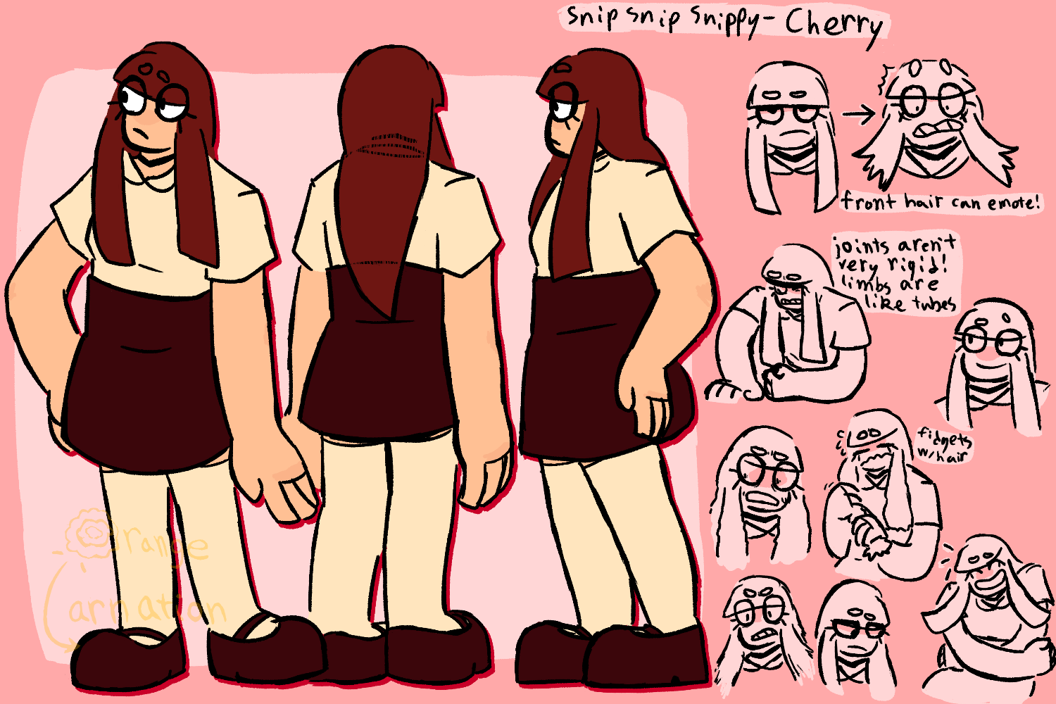 Three full-body drawings of Cherry from Snip Snip Snippy, for reference purposes.  In order, she is facing forward with a hand on her hip and one down to her side, facing away with her hands down and a faint x-ray of her clothes beneath her long hair, and facing to the left with her hand on her hip, all with a neutral expression.    She is a young woman with light skin, long red hair, bangs covering her whole forehead, a simple black choker, a cream colored short-sleeve shirt with a Peter Pan style collar, a dark red skirt that comes up to just below her chest and goes halfway down her thighs, cream colored thigh-high socks, and dark red Mary Jane shoes.  At the top and to the right is text that reads 'Snip Snip Snippy- Cherry.'  Beneath that is nine different lineart-only drawings of Cherry making different expressions and poses with various notes.  They are as follows, left-to-right, top-to-bottom.  A headshot of her making a bored expression, with an arrow pointing to a headshot of her making an exaggerated shocked expression, the blocky strands of hair in front of her shoulders flying upwards and looking frayed at the ends, with a note beneath reading 'front hair can emote!'  Cherry on the ground with a slightly hurt expression, propping herself up on one elbow and pushing up off the ground with her other hand, with a note reading 'Joints aren't very rigid!  Limbs are like tubes.'  A headshot of her looking off to the side with a smile and one raised eyebrow.  A headshot of her with a frightened expression, eyes and mouth wide, sweating slightly, brows furrowed, and hair wiggly.  A waist-up shot of her looking nervous and holding one of her front strands of hair in both hands, with a note reading 'fidgets with hair.'  A headshot of her looking furious, teeth gritted, hair bushing up slightly.  A headshot of her making a sad expression, looking down and to the side, hair falling straight down.  A waist-up shot of her laughing, front hair curling up and to either side, wrapping her arms around her front.