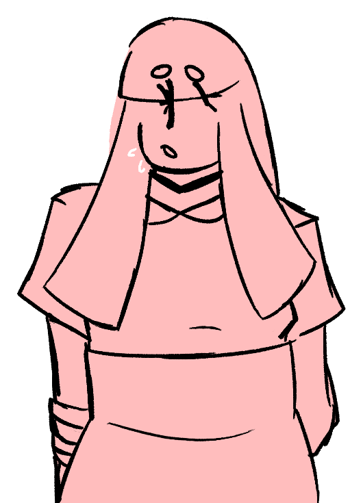 A simple drawing of Cherry from Snip Snip Snippy, nervously looking to the side with an arm behind her back, colored only with a solid light red against a transparent background.  She is a young woman with long hair, bangs covering her whole forehead, a simple black choker, a short-sleeve shirt with a Peter Pan style collar, and a skirt that comes up to just below her chest.