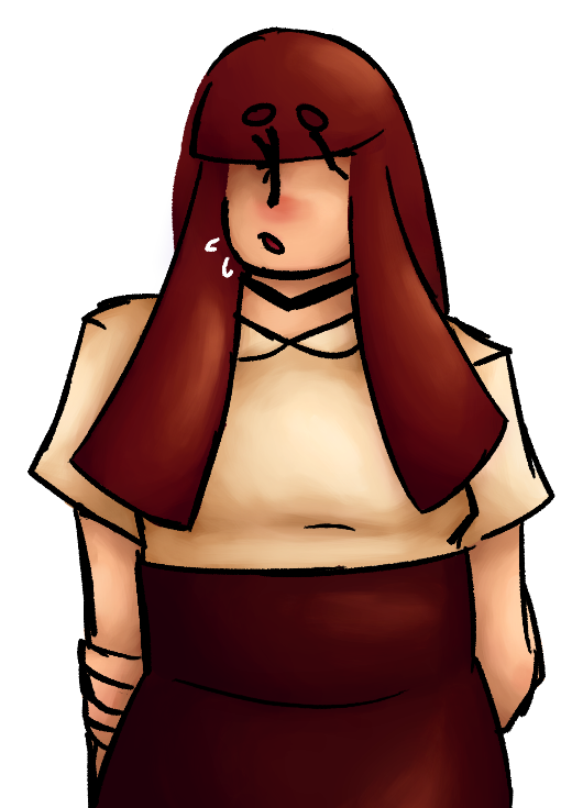 A simple drawing of Cherry from Snip Snip Snippy, nervously looking to the side with an arm behind her back, painted in full color against a transparent background.  She is a young woman with light skin, long red hair, bangs covering her whole forehead, a simple black choker, a cream colored short-sleeve shirt with a Peter Pan style collar, and a dark red skirt that comes up to just below her chest.
