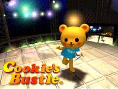 Another promotional image for Cookie's Bustle.  It is a low-res screenshot of Cookie dancing with bright lights behind her, and a Cookie's Bustle logo in the bottom left.