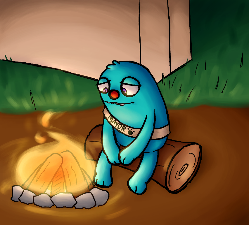 A full-color painting of Filbo from Bugsnax.  He is sitting on a log next to the campfire in the middle of Snaxburg at night.  The bottom of the research tent can be seen behind him, and it appears to not be open.  He's wearing his Mayor sash and looking at the fire with a sad and somewhat thoughtful expression, paws idly held together as his arms dangle in front of him.  The fire almost seems to be the only source of light.