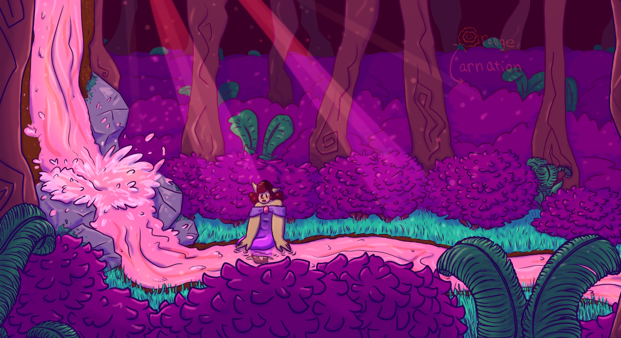 An illustration of a river in a forest clearing, with a girl kneeling by the water.  The water is light pink and comes from a waterfall on the left edge of the picture.  The girl has light brown skin, short curly hair fading from dark brown to deep red, and long, pointy ears.  She wears a purple dress that fades to pink towards the bottom of the skirt with a pink stone on her chest.  She looks down at her blurry reflection in the water with a surprised expression and a tear in her eye.  The grass around the riverbank is short and on the blue-ish side of green.  There are bushes not far from the river with deep magenta leaves.  Among the bushes are green ferns and trees with muddy red bark.  There are bushes, ferns, and trees in the foreground, as well as extending into the background, getting darker as it gets further away from the camera, until it's too dark to see.  There is sunlight filtering into the clearing from the upper left, serving as the only light source.