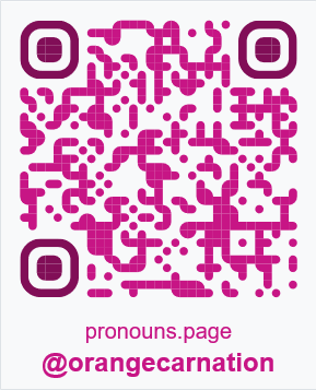 A QR Code with text reading 'prounouns.page' and '[at symbol] orange carnation' underneath.