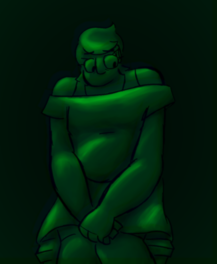 A painting of Elby from Snip Snip Snippy, in monochrome green, mostly dark.  She is a fat young woman with short hair, no visible mouth, wearing a short sleeved shirt that falls off the shoulders, straps underneath going over her shoulders, a skirt that goes down to just above her knees, and tight shorts that go just a little lower than that.  Her hands are folded in her lap as she sits in a chair, her eyes glancing down and to the side, eyebrows knit together, and the ends of her hair are drooping slightly as though they were a frown.  The one lime green light source is somewhere above Elby, and it would appear she's avoiding looking at it.  The image is blurred slightly, even moreso in a few random spots.