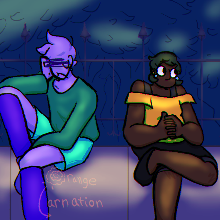An illustration of the main character and Elby from Snip Snip Snippy.  The designs are different from the ones they have in the game itself, most noticeably in the main character.  The main character is lanky and has purple skin with teal undertones, scribbled out eyes, no visible nose, short flippy hair with a thin cowlick, and simple dangling earrings that are teal with purple shading.  They're wearing a teal long-sleeved shirt that has its collar much closer to their neck, turqouise short-shorts, knee-high purple socks, and sneakers of a slightly lighter purple.  Elby is fat and has dark skin, short dark green hair with dark yellow shadows which points forward at the bottom rather than to the sides, big cartoony eyes with eyelashes pointing up, a hooked nose, and no visible mouth.  She is wearing a bright yellow with bright green shadows short-sleeved shirt than hangs low on her shoulders to show the straps of a grey undershirt, a dark grey skirt over tight grey shorts just slightly longer than the skirt, and dark grey slip shoes.  The two of them are sitting on a concrete wall in front of some fenced-off bushes.  The main character has an aloof posture, head propped on one hand, one leg hiked up on the edge of the wall, looking nowhere in particular.  Elby is tearing up and twiddling her thumbs, one leg crossed over the other, shoulders hunched, looking up and away from the main character like she's thinking.  The image is mostly covered by a dark purple overlay save for the highlights, which are a soft light yellow.  The whole image has a faint chromatic aberration filter applied to it.