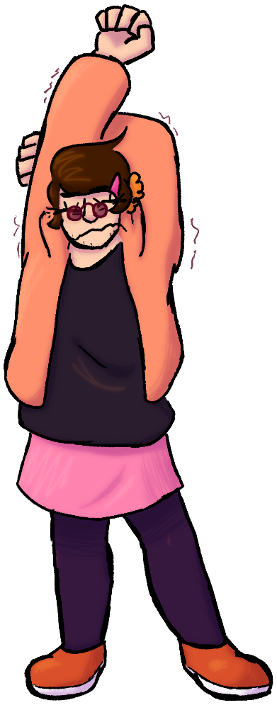 A drawing of a young man (me) scrunching his face up and stretching his arms over his head against a transparent background.  He has light skin, dark brown hair with a bright pink clip in the bangs and an orange scrunchie, comically large eyes with slight bags underneath, and sparse stubble.  He is wearing dark magenta sunglasses, an orange hoodie, a dark desaturated purple baggy shirt, a light pink skirt, dark purple leggings, and bright orange sneakers.  There are shaky lines coming off his shoulders to emphasise the effort with which he's stretching.