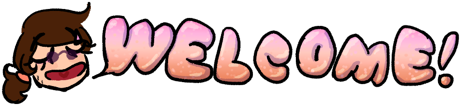A welcome banner.  The word 'welcome' is written in glittery bubble letters, fading from orange to pink.  There is a man's head to the left of it.  He is smiling with his mouth open.  He has cartoonishly large eyes with three long eyelashes, which are closed in a relaxed way.  He has wavy brown hair tied back with a salmon colored hair tie, and his bangs are pinned to the side by a pink clip.  He is wearing small, dark purple sunglasses.  He has slight stubble and faint bags under his eyes.  The rest of his body is not visible.  The letter W in 'welcome' has a small point coming out of the lower left, pointing towards his mouth like a speech bubble, to indicate that he's the one saying it.