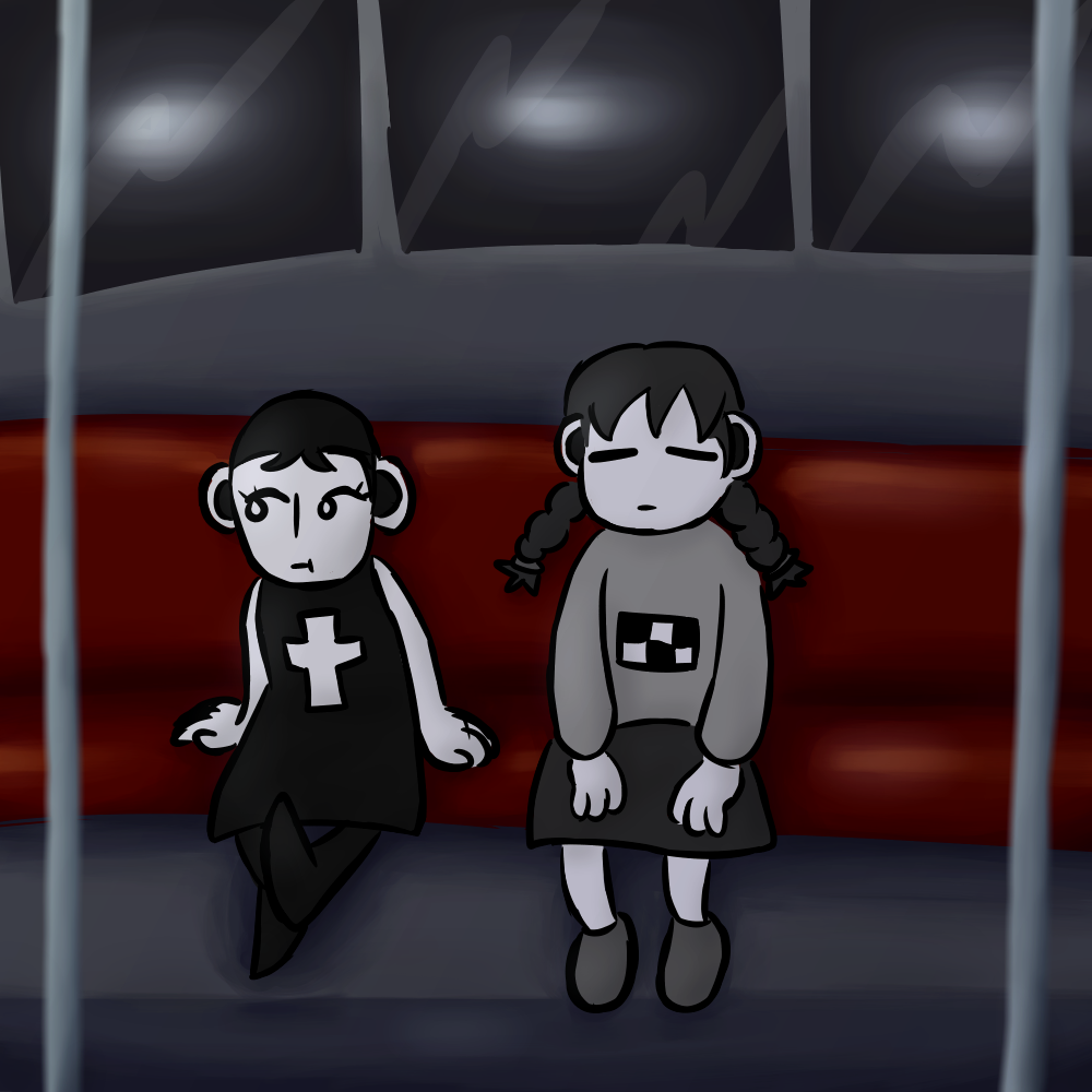 Art of Lizz from Subway Midnight and Madotsuki from Yume Nikki, replicating the Subway Midnight style.  They are sitting next to each other on a subway.  Lizz is looking off to the side swinging her legs, and Madotsuki is sitting still with a blank expression.  Outside the windows is dark saves for a few lights, which have motion blur indicating fast movement to the side.  There are a couple bars closer to the foreground, out of focus.  Lizz and Madotsuki are solid black and white save for some light shading, but their surroundings are painted in full color.